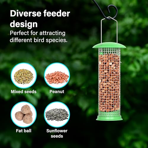 Pack of 3 Metal Bird Feeder, Hanging Station Fat Ball Bird Feeder with Steel Hook for Garden, Backyard, Lawn, Set of Tube, Dense Mesh, Coarse Mesh Wild Bird Feeders for Mix Seed Blends