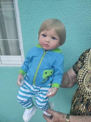 Roshuan 22" Reborn Toddler Boy Doll, Silicone Full Body, Lifelike Anatomically Correct, Blue Outfit, Blonde Hair, Blue Eyes, Gift Set #TOP3