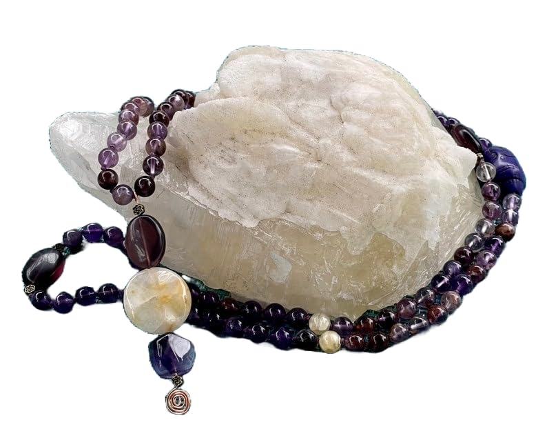 Perles de prière bouddhiste améthyste et calcite miel pour l'esprit