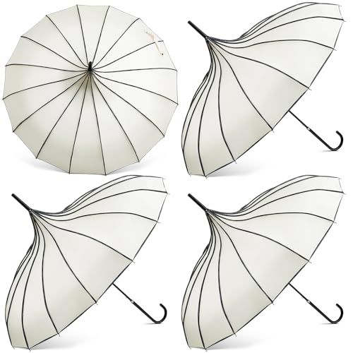 Abbylike 4 Pcs Parasol Pagoda Umbrella 36 Inch Large Gothic Parasol for Sun Protection Old-fashionable Women Goth Umbrella with Long Handle for Rain, UV Protection, Wedding Gifts (Stylish White)
