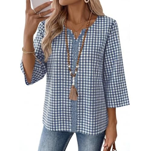 AKEWEI 3/4 Length Sleeve Women Tops Cotton Linen Shirts Lace Summer Tunic XX-Large Deep Blue Plaid