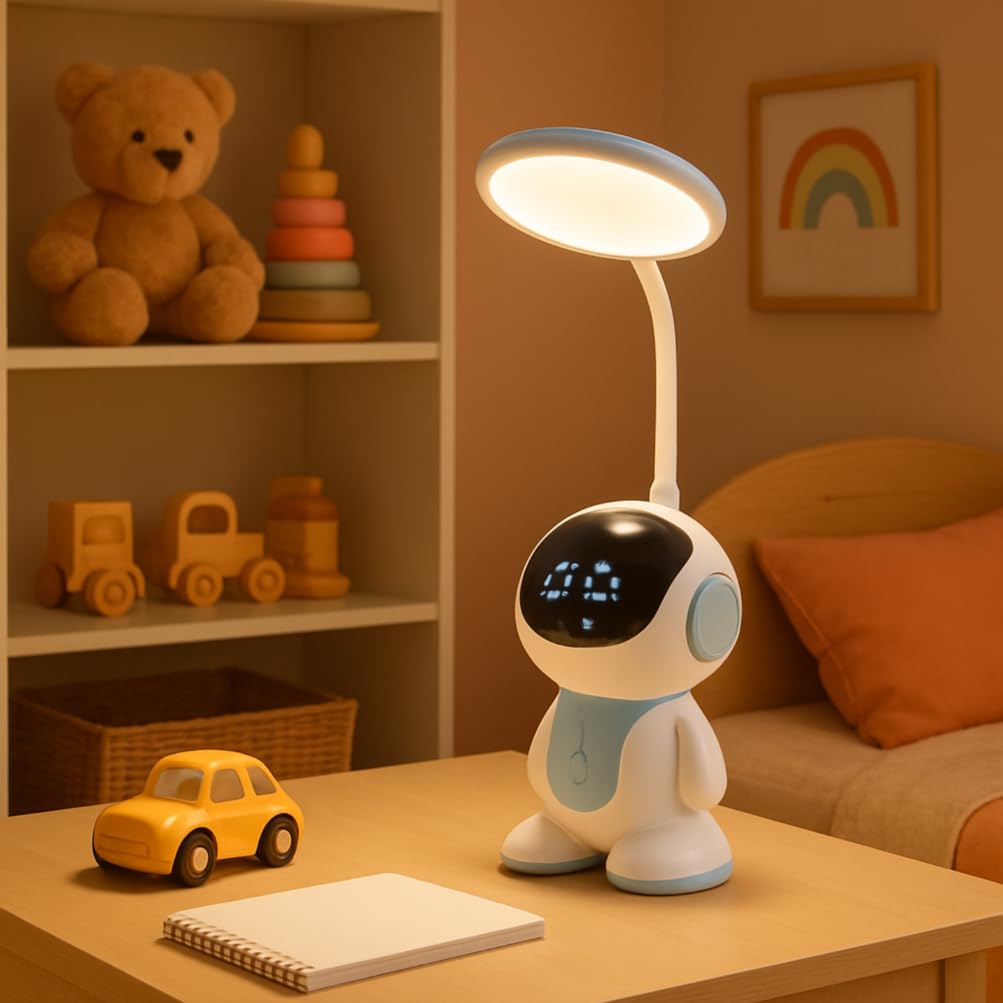 Schreibtischlampe LED für Büro und Zuhause – Dimmbar Touch Tischlampe mit Nachtmodus-Funktion - 10W Bürolampe für Kinderzimmer, Schreibtischleuchte Bunter Roboter