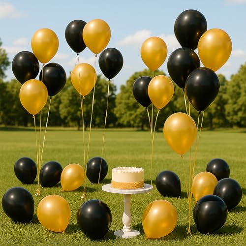 Image of Rozi Decoration Party Decoration Metallic HD Latex Balloons for Birthday /Anniversary /Baby Shower Black and Gold, Pack of 200 Piece