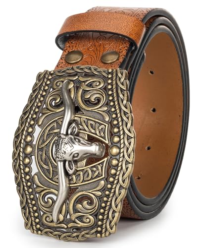 Image of UTOWO Western PU-Leather Cowboy Buckle Belt for Men and Women Jeans Engraved Floral Longhorn Bull Buckle Belt (25-38 inch waist)