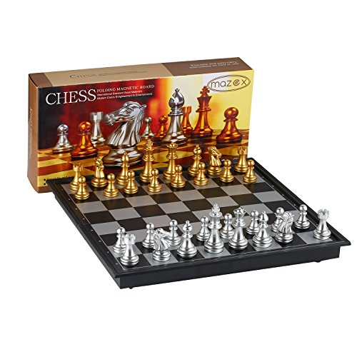 MAZEX Juego de ajedrez Plegable magnético para by Juego de Mesa de ajedrez para niños o Adultos (9.8X9.8X0.8 Inch, Gold&Silver Chess Pieces)
