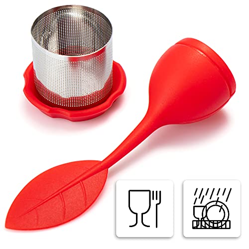 COM-FOUR® 4x Infusor de té de acero inoxidable - Colador de té con tapa y plato - Filtro de té fino para los amantes del té [la selección varía] (04 piezas - hoja 2 verde naranja azul rojo)