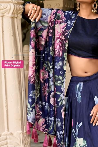Image of TRENDMALLS Women's Jam Satin Flower Printed Semi-Stitched Lehenga Choli with Dupatta (L276-Blue-Semi-Stitch)