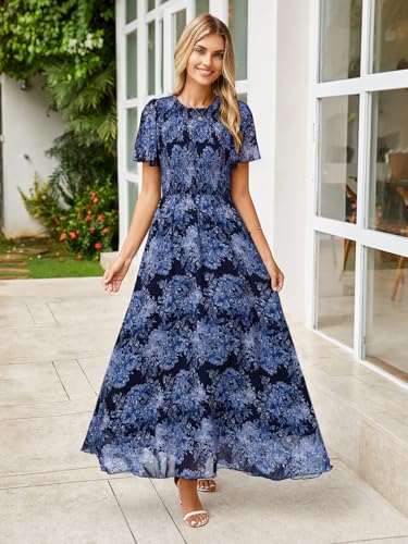 Image of Simplee Womens Casual Floral Summer Maxi Dress 2026 Boho Flowy Short Sleeve Crew Neck Vacation Smocked Chiffon Dresses