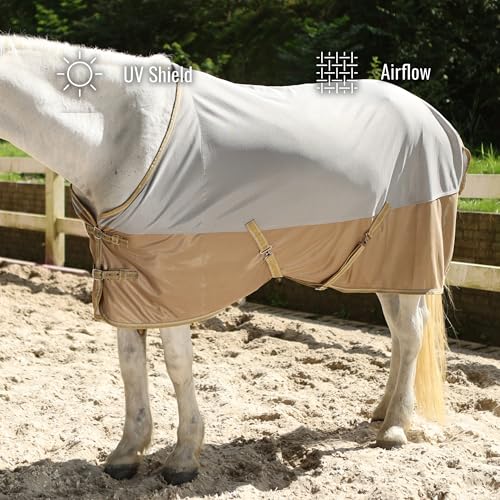 Image of BARN & STABLE Breathable and UV Protective Tear-Resistant Mesh Horse Fly Sheet Comfy Equine Summer Sheet with Removable Web Leg Straps (Silver Gold, 69 in)
