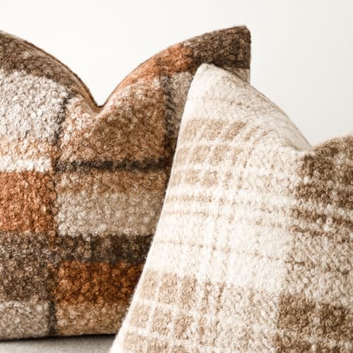 Image of Foindtower Pack of 2 Soft Faux Fur Boucle Throw Decorative Pillow Covers Fuzzy Accent Check Cushion Sherpa Boho Farmhouse Pillowcase for Couch Sofa Bed Living Room Home Decor 18x18 Inch,Autumnal