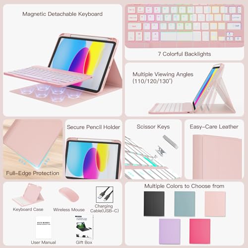 Image of RAYMCRAFT for iPad 11th (A16, 2025) / 10th Generation Case with Keyboard, Mouse and Detachable Wireless Keyboard, 7-Color Backlight, Slim Case with Pencil Holder, Light Pink