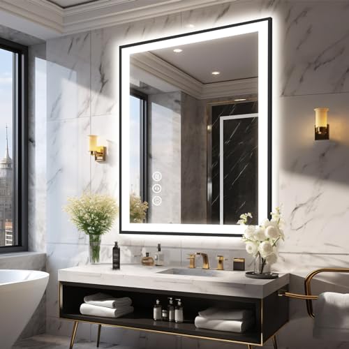 30x36 Lighted Mirrors for Bathroom Wall, Modern Rectangle Matte Black Mirror, Tempered Glass,Double Lights, 3 Colors Dimmable Temperature, IP54 Enhanced Anti-Fog, Memory (Horizontal/Vertical)