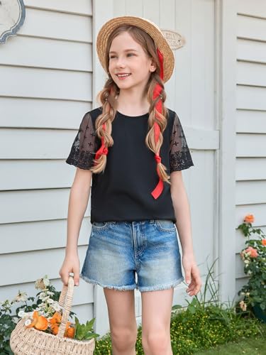 Image of Haloumoning Girls Lace Short Sleeve T Shirts Kids Summer Crewneck Tunic Tops Curved Hem 5-14 Years