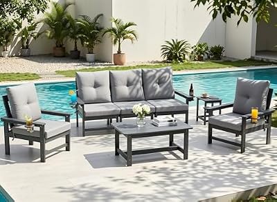 WiNVO HDPE 7 Piece Patio Furniture Set, Outdoor Sectional Sofa with Coffee Table, Side Table and Seat Cusions, Patio Conversation Set for Party, Backyard, Porch, Deck, Poolside, Grey