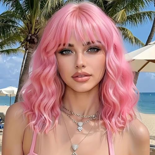 Image of AISI HAIR Curly Bob Wig with Bangs Short Wavy Pink Color Wigs for Women Bob Style Synthetic Heat Resistant Bob Wigs