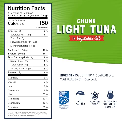 Image of Bumble Bee Chunk Light Tuna In Oil, 5 oz Cans (Pack of 48) - Wild Caught Skipjack Tuna - 22g Protein Per Serving - MSC Certified Sustainable Seafood, Non-GMO, Gluten Free, Kosher