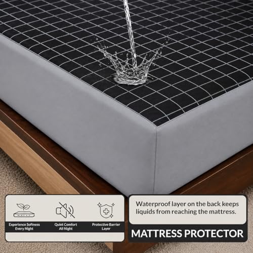 Image of Premium 100 Percent Waterproof Mattress Protector with Zipper Non-Woven | Hypoallergenic Mattress Cover Soft Zipper Bed Protector for Single Size Bed 36x72 Inch Fit On 10 Inch 3X6 Feet, Grey Checks