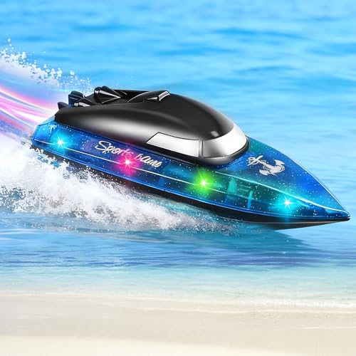 RC Boat with 1800mAh Battery, Transparent Remote Control Boat with 10 LED Lights, Auto Flip 2.4 GHz Double Waterproof Racing Speedboat Toy for Kids and Adults, Gift for Boys Girls for Lake & Pool