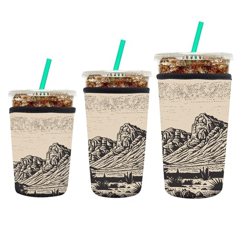Image of 3 Pack Reusable Neoprene Insulator Sleeve for Iced Coffee Cups, Funny Coffee Cup Sleeves for 16-32oz Coffee cups, Cute Drink Sleeve for Cold Hot Beverages Cute Mountain