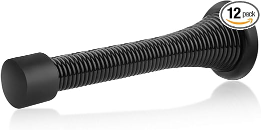 HOMOTEK 12 Pack Black Spring Door Stops,3-1/8" Heavy Duty - Flexible Door Stopper with Low Mounted Black Rubber Bumper Tips