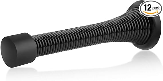 HOMOTEK 12 Pack Black Spring Door Stops,3-1/8" Heavy Duty - Flexible Door Stopper with Low Mounted Black Rubber Bumper Tips