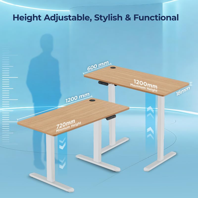 Image of The Sleep Company - AeroPlus Electric Height Adjustable Desk | Ergonomic Work from Home Table | 4 Memory Presets | 2 Years Warranty | 1200 x 600 Thick Top | Free Installation | Oak & White