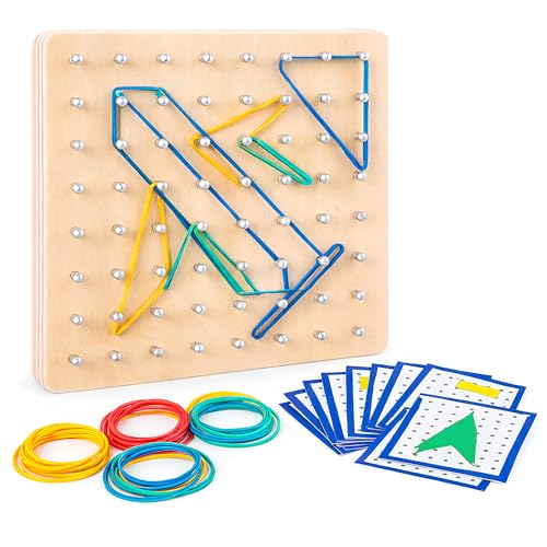 VEXORA Montessori Geobrett Holz Lernspiel 68 Teile Gummibänder Formen Muster lernen Geometrie Mathematik Motorik Lernspielzeug Kinder Vorschule Kindergarten Pädagogisches Spielzeug Geschenk ab 3 Jahre