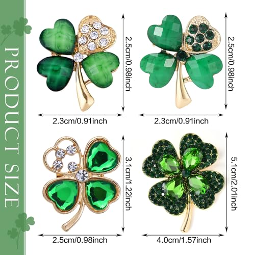 Image of 4 Leaf Clover Brooch Pin for Women St Patricks Day Accessories,Green Crystal Rhinestone Irish Shamrock Clover Pin Brooch Lucky Decor Dress Accessories St Patrick's Day Holiday Christmas Jewelry Gift