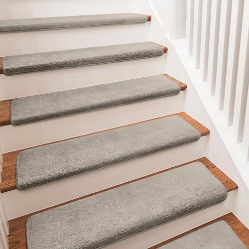 PURE ERA Carpet Stair Treads Ultra Plush 9.5' X 30'Soft Bullnose Indoor Stair Protectors Pet-Friendly Non-Slip Skid Resistant Tape Free Washable Reusable(14 Pieces, Cream Gray)
