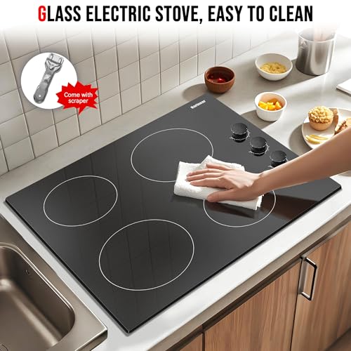 Image of Karinear 24 Inch Electric Cooktop 4 Burners Electric Stove, Knob Control | 6000W High Power Radiant Ceramic Cooktop, Built-in Design, 220-240V Hardwire, No Plug, Overheat Protection(Black Knob)