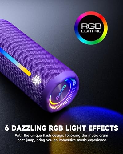 Image of OHAYO Bluetooth Speaker, Portable Wireless, IPX7 Waterproof, Powerful 25W Sound, 24H Playtime, Dual Pairing, Active Bass, Colorful Lights, Bluetooth 5.3, Outdoor Speakers for Home /Party /Beach, Purple