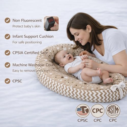 Image of Aila+Aiden Baby Lounger | Organic Cotton Infant Lounger | Reversible, Adjustable & Portable Floor Lounger | Supervised Use | Soft, Breathable, Washable Cover- Star Collection (Tan)