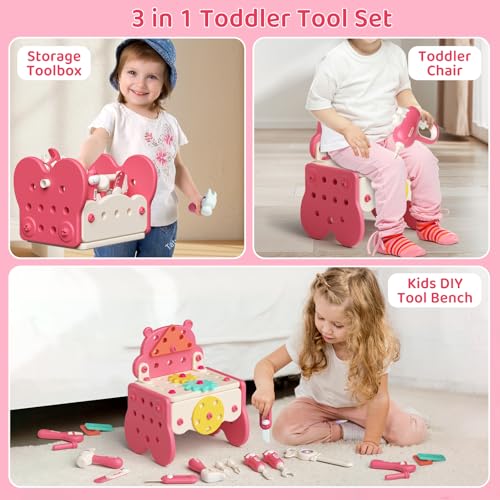 burgkidz Kids Tool Set, 66 PCS Pink Kids Tool Box for Girls, Electronic Toy Drill Pretend Play Girls Toys Construction Tools Kit Bench, Valentine\'s Birthday Gift Ideas Toddler Tool Set Age 3 4 5+