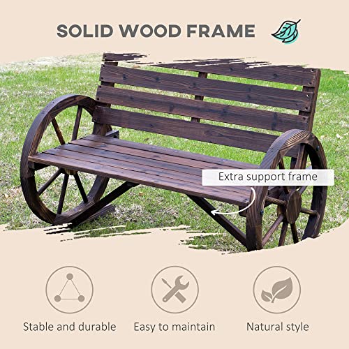 Image of 41 inch Wooden Wagon Wheel Bench, Rustic Outdoor Patio Weather Resistance Furniture, 2 Person Slatted Seat Bench with Backrest, Carbonized