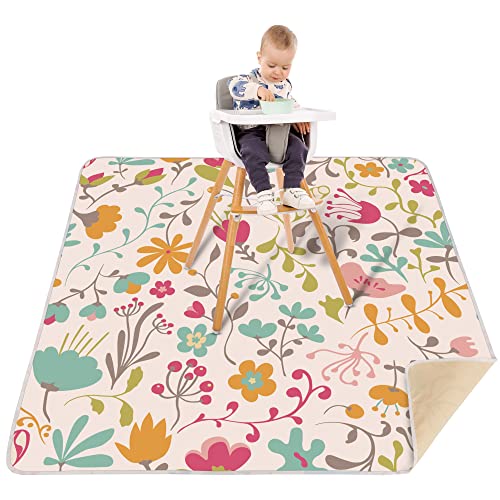 Image of Welspo Splat Mat for Under High Chair, Washable Large Baby Splash Mat, Anti-Slip Silicone Spot Waterproof Floor Mat, Food Catcher Art Craft Leak Proof Mat(White Flower, 51inch X 51inch)