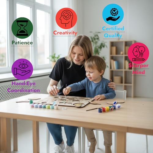 Image of BAGJI TOYS Solar System DIY Painting Puzzle Kit for Kids, Wooden Educational Craft Set with 10 Planet Cutouts, 12 Paints, Brush and Information Leaflet, Size 30x20 cm (Science Fiction)