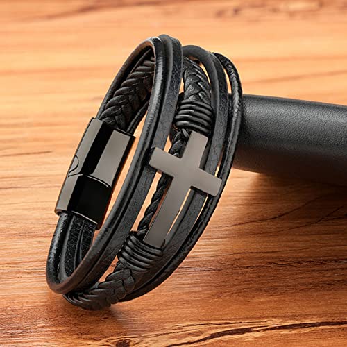Stainless Steel Braided Leather Bracelet For Men Cuff Bangle Cross Magnetic Clasp 8.26 Inches, Black #TOP2