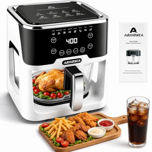 AOJIMYCA Glass Air Fryer, Portable Air Fryer with 6.0QT Glass Container, Adjustable Time & Temp, Power-Off & Overheat Protection, 8-in-1 Non Toxic AirFryer for Quick Easy Meals