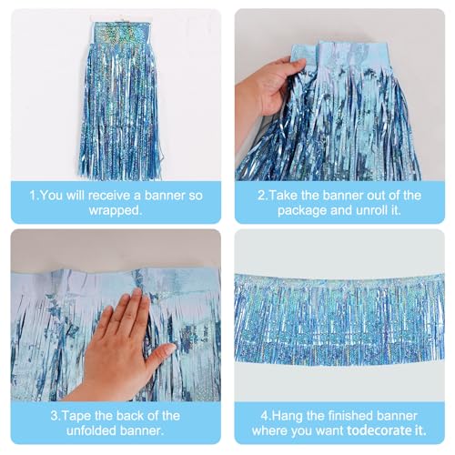 Image of BEISHIDA 3 Packs Metallic Foil Fringe Garland Laser Light Blue Wall Hanging Tinsel Fringe Banners for Car Floats Bridal Shower Wedding Birthday Easter Graduation Holiday Party Decoration(30 Feet)
