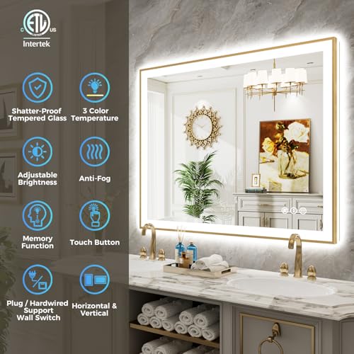 Image of 44x30 LED Bathroom Mirror with Lights, Gold Framed Lighted Mirror | Backlit and Front light, Anti-Fog, 3 Color Dimmable, Memory, Tempered Glass, IP54 Waterproof, UL Listed