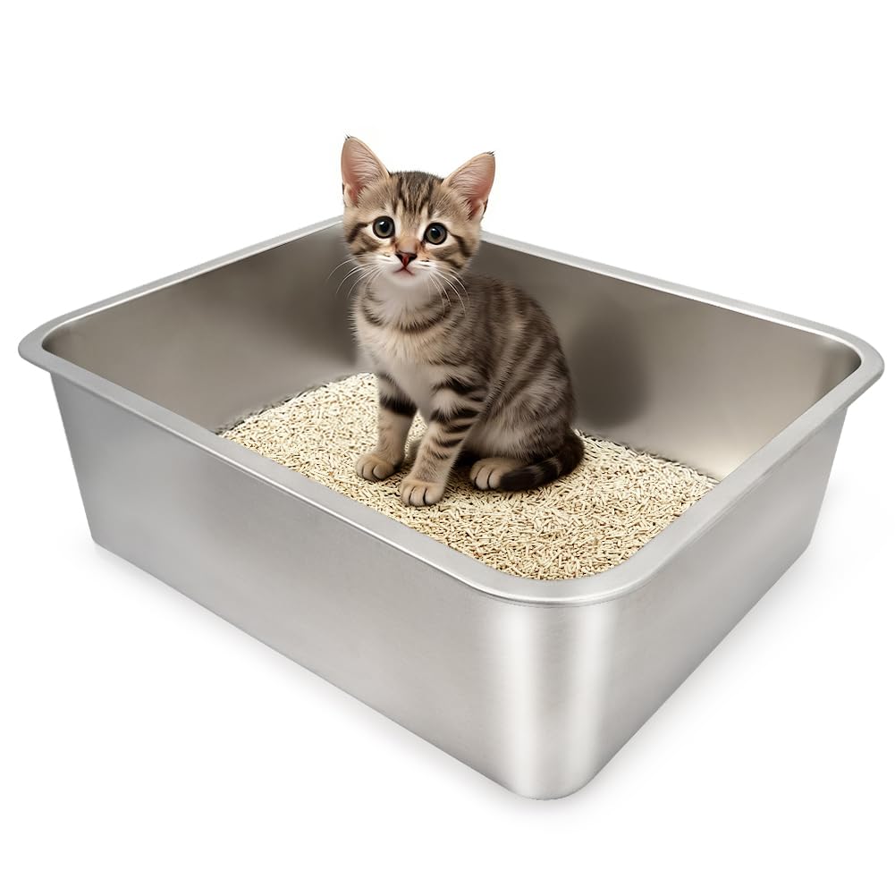 Stainless Steel Cat Litter Box, (17.7" x 13.7" x 4") Metal Litter Box for Kitty and Rabbits, No Odor Left & Non Stick Surface, Rust & Stain Resistant, Easy to Clean
