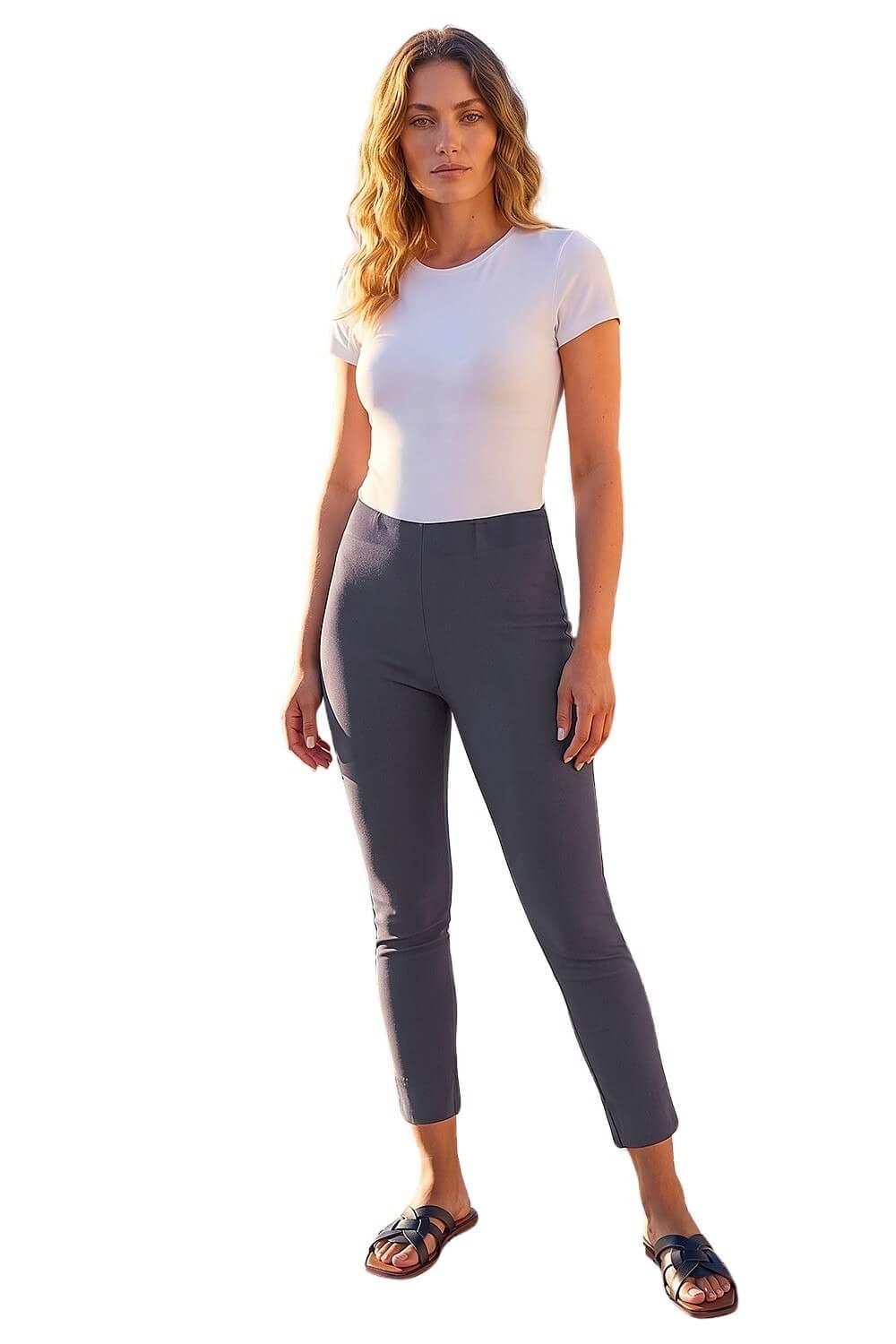Roman Originals Stretch Trousers for Women UK Ladies High Waisted Pants Pull On Leggings Smart Slimming Office Work Fitted Tailored Tapered Regular & Plus Sizes - Petite Grey (26 in) - Size 10