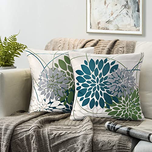 Housse Coussin 40x40 Housse De Coussin Moderne Décoratif Taie Oreiller Bleu Vert Housse Coussin Canapé Abstrait Géométrie Fleuri Double Face Imprimé Taie d'oreiller pour Salon De Jardin, 2 Pièces Cover