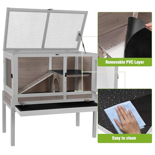 GUTINNEEN Rabbit Hutch Guinea Pig Cages Indoor with Stand Wooden Small Animals Cage Hutch Hamster Cage with Hideout,Pull Out Tray, Anti Chew Ramp(Brown) - Thumbnail 4