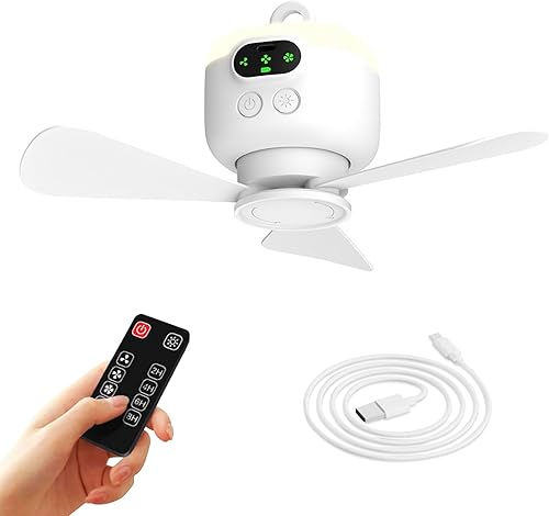 Ventilador de campamento portátil, ventilador de techo de tienda de campaña de 10.6 pulgadas, recargable de 8000 mAh con luz y gancho, temporizador