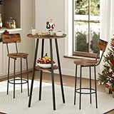HOOBRO 3 Pieces Round Bar Height Table and Chairs Set, Round Dining Table Set, Pub Table and Chairs for Small Space, 2 Tier Kitchen Table and Bar Stools with Back, Rustic Brown BF35BT01
