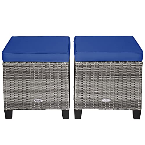 RELAX4LIFE 2-Piece Patio Rattan Ottomans - Outdoor Wicker Furniture w/ 2 Footrest Stools, Comfortable Cushions & Steel Metal Frame, All-Weather Patio Set for Backyard,Garden (Navy Blue)
