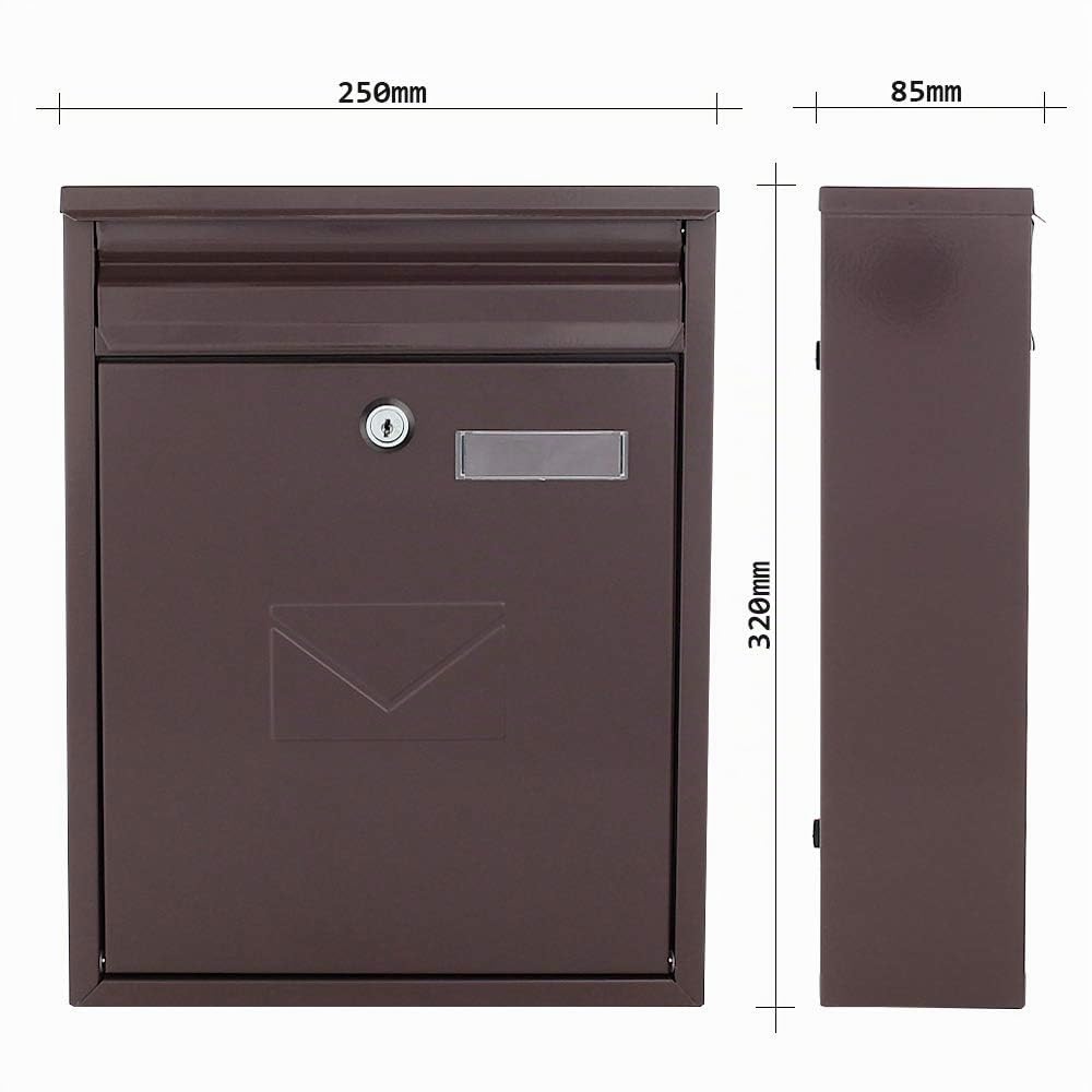 Rottner K10348 cassetta delle lettere Como, marrone, serratura a cilindro con 2 chiavi, LxHxP 250x320x85 mm, kit di fissaggio incluso, targhetta portanome