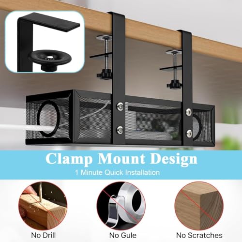 Image of Shantanu Adjustable Under Desk Cable Organizer Rack (Black) - Metal Wire Management Tray for Power Strips, Extension Cords & Cables - Clamp-On or Screw-Fixed Desk Holder for Home & Office Tray