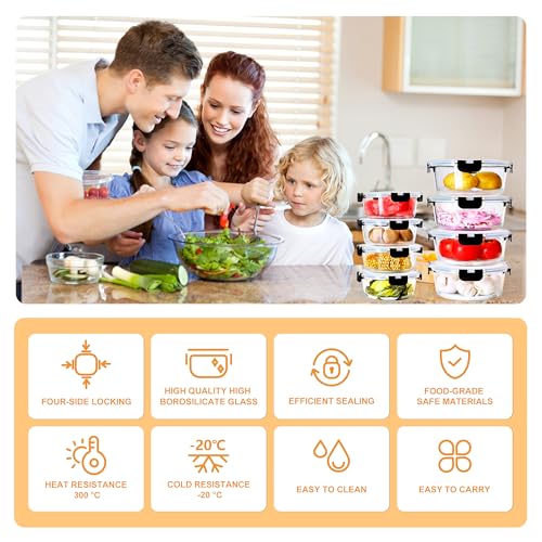 8 Piece Black Glass Container Set (20.9+43.9 OZ) - Round Meal Prep Containers With Lids for Microwave, Oven, Freezer and Dishwasher
